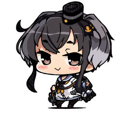  1girl :> anchor_necklace black_hair blue_sailor_collar brown_eyes chibi dress grey_hair hat jewelry kantai_collection mini_hat multicolored_hair neckerchief necklace sailor_collar sailor_dress short_hair short_hair_with_long_locks simple_background smokestack_hair_ornament solo tied_dress tokitsukaze_(kancolle) white_background white_dress yagumo_kengou yellow_neckerchief 