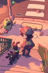  1boy black_hair black_jacket commentary crosswalk dog english_commentary green_jacket highres holding holding_leash jacket leash litter multicolored_jacket paxton_(pokemon) pet_walking petite_echorizon pokemon pokemon_(creature) pokemon_legends:_z-a sidewalk stairs stone_stairs striped_hat two-tone_jacket zygarde zygarde_(10) 