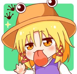  1girl blonde_hair blush chibi commentary_request hair_ribbon hand_on_screen licking_screen long_sleeves looking_at_viewer moriya_suwako purple_hair red_ribbon revision ribbon shirt short_hair sidelocks solo sparkle tongue tongue_out touhou white_shirt yellow_eyes yige_lurenjia 