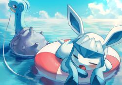  animal_focus blue_fur blue_sky blush closed_eyes clouds commentary_request glaceon grey_eyes highres innertube lapras mouth_hold no_humans ocean open_mouth outdoors pokemon pokemon_(creature) pokemon_focus rongai28 sky sweat swim_ring tail 