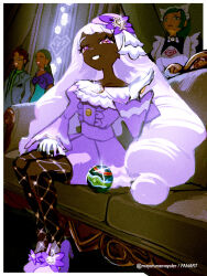  1boy 3girls apron ascot bow bowtie brooch collarbone couch curtains dark-skinned_female dark_skin dress fascinator fishnet_pantyhose fishnets frilled_ascot frills frown full_body gem glint glove_bow gloves green_hair grin hair_ornament hand_on_lap hand_on_own_thigh hand_up heart heart_print high_heels highres indoors jacinthe_(pokemon) jewelry juliet_sleeves lebanne_(pokemon) long_hair long_sleeves looking_at_viewer low_drills maid maid_apron maid_headdress master_and_servant mayotsunamayo mega_stone multiple_girls on_couch pantyhose pokemon pokemon_legends:_z-a puffy_sleeves purple_dress purple_hair purple_shoes shoes sitting smile solo_focus sparkling_eyes standing suit very_dark_skin violet_eyes white_bow white_bowtie white_gloves yellow_bow 