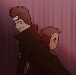  2boys akatsuki_uniform back-to-back black_coat black_eyes black_hair blue_skin coat colored_skin commentary dualdreamer english_commentary forehead_protector gills highres hoshigaki_kisame kirigakure_symbol long_sleeves male_focus mask multiple_boys naruto_(classic) naruto_(series) ninja one_eye_covered red_eyes sharingan sharp_teeth short_hair smile spiky_hair teeth tobi_(naruto) turtleneck uchiha_obito 