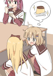  +_+ 3girls absurdres amekeage back black_socks blonde_hair bow brown_bow brown_eyes brown_sailor_collar chair commentary_request dress fang food hair_bow hair_ornament hairclip highres layered_sleeves long_hair long_sleeves looking_at_another multiple_girls nanamori_school_uniform oomuro_sakurako parallel_hairclips pleated_dress pointing pudding red_dress sailor_collar sailor_shirt school_uniform shirt short_dress short_over_long_sleeves short_sleeves simple_background skin_fang smile socks squatting sugiura_ayano sweatdrop table toshinou_kyouko v-shaped_eyebrows white_background white_shirt yuruyuri 