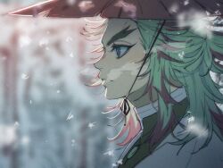  1boy black_jacket blonde_hair blurry blurry_background blurry_foreground colored_tips demon_slayer_uniform forked_eyebrows fpsejr_gg gold_buttons haori jacket japanese_clothes kimetsu_no_yaiba long_hair male_focus multicolored_hair profile red_hair rengoku_kyoujurou sidelocks snow snowing solo steam two-tone_hair upper_body white_haori wide_brim 