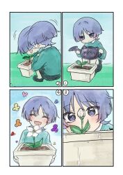  1boy aged_down black_shoes blue_sky blunt_ends blush border bright_pupils casual child clear_sky closed_eyes collar collared_shirt commentary_request contemporary eye_reflection eyeliner eyeshadow facing_viewer flower genshin_impact green_shirt green_sleeves happy headbanging highres holding holding_watering_can long_sleeves looking_at_object makeup male_focus numbered official_alternate_costume open_mouth outdoors plant potted_plant purinigax red_eyeliner red_eyeshadow reflection scaramouche_(cat)_(genshin_impact) scaramouche_(genshin_impact) shirt shoes sky smock solo squatting violet_eyes watering_can white_border white_collar white_flower white_mouth white_pupils wispy_bangs 