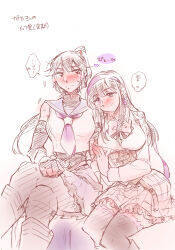  arm_belt arm_hug assault_lily belt belt_buckle black_belt black_hair black_pantyhose black_thighhighs blue_sailor_collar blue_skirt boots bow bowtie brown_skirt buckle closed_mouth collared_shirt commentary_request corset cowboy_shot crop_top crossed_legs detached_sleeves hair_ribbon hairband hand_on_own_thigh head_on_another's_shoulder heart high_ponytail kishimoto_maria_mirai knee_boots layered_sleeves long_hair long_sleeves looking_at_another looking_to_the_side ludvico_private_girls'_academy_school_uniform miniskirt nagasawa_yuki_(assault_lily) neckerchief odaiba_girls_high_school_uniform pale_color pantyhose partially_colored pink_bow pink_bowtie plaid_clothes plaid_skirt ponytail purple_hairband purple_neckerchief purple_ribbon red_eyes ribbon sailor_collar santouka school_uniform serafuku shirt side-by-side sidelocks sideways_glance simple_background sitting skirt sleeveless sleeveless_shirt speech_bubble spoken_blush spoken_heart sweat thigh-highs translation_request underbust undershirt violet_eyes white_background white_shirt yuri 