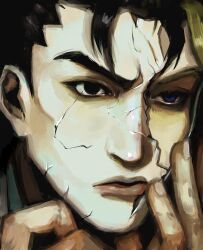  1boy absurdres black_eyes black_hair blonde_hair blue_eyes brown_lips close-up closed_mouth cracked_kawaii_mask cracked_mask diamond_wa_kudakenai fingernails green_shirt hand_on_own_face highres jacket jojo_no_kimyou_na_bouken kawajiri_kosaku kira_yoshikage male_focus mateur shirt solo white_jacket 