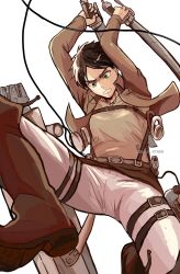  1boy arara_67668 arms_behind_head boots brown_boots brown_hair brown_jacket clenched_teeth commentary_request cropped_jacket dual_wielding eren_yeager fighting_stance foot_out_of_frame from_below furrowed_brow green_eyes grey_shirt highres holding jacket male_focus panties parted_bangs shingeki_no_kyojin shirt short_hair solo teeth three-dimensional_maneuver_gear twintails underwear white_background white_panties 
