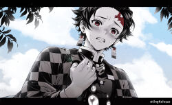  1boy blush checkered_haori chinese_commentary clenched_teeth commentary_request crying crying_with_eyes_open demon_slayer_uniform earrings forehead from_below greyscale greyscale_with_colored_background hanafuda_earrings haori japanese_clothes jewelry jingkei0522 kamado_tanjirou kimetsu_no_yaiba letterboxed looking_at_viewer male_focus monochrome scar scar_on_face scar_on_forehead short_hair sky solo spot_color teardrop tears teeth twitter_username 