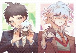  2boys black_jacket black_necktie blush brown_eyes brown_hair brown_jacket character_doll chinese_commentary closed_mouth collared_shirt commentary_request commission cyacyacyacyaki danganronpa_(series) danganronpa_3_(anime) doll green_vest grey_eyes hair_between_eyes highres hinata_hajime holding holding_doll hope's_peak_academy_school_uniform jacket komaeda_nagito lapels long_bangs male_focus multiple_boys necktie notched_lapels open_clothes open_jacket orange_necktie red_trim red_vest school_uniform shirt short_bangs too_many_watermarks tsurime two-tone_vest vest watermark white_hair white_shirt 