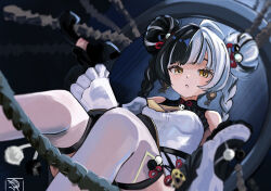  1girl ahoge bare_shoulders black_hair braid braided_twintails cable china_dress chinese_clothes commentary corded_phone cowboy_shot detached_sleeves dialyn_(zenless_zone_zero) double_bun dress earrings english_commentary hair_bun hair_ornament hand_up highres holding holding_phone jewelry long_hair looking_at_viewer multicolored_hair necktie panda_hair_ornament parted_lips phone rope sitting solo split-color_hair thigh-highs user_hevr7777 white_dress white_hair white_thighhighs yellow_eyes yellow_necktie zenless_zone_zero 