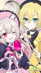  1boy 1girl ;d ascot awayukisigure black_ascot black_capelet black_hat black_ribbon black_shirt black_shorts black_sleeves blonde_hair blunt_bangs blush bonnet bow brooch capelet chinstrap closed_mouth collared_shirt colored_inner_hair dress drill_hair fang flipped_hair frilled_bonnet frilled_capelet frilled_dress frilled_sleeves frills gradient_background green_eyes grey_hair grid_background hair_between_eyes hair_intakes hair_ornament hair_ribbon hairpin hat heart heart_brooch heart_wand highres holding holding_wand jewelry long_hair long_sleeves magical_boy magical_girl makaino_ririmu multicolored_hair nail_polish neck_ribbon nijisanji official_alternate_costume official_alternate_hairstyle one_eye_closed open_mouth pink_background pink_bow pink_dress pink_hair pink_nails pink_ribbon pink_streaks puffy_long_sleeves puffy_sleeves red_eyes red_ribbon ribbon shirt short_hair shorts sidelocks smile standing star-shaped_pupils star_(symbol) streaked_hair symbol-shaped_pupils two-tone_hair two_side_up upper_body uzuki_kou variant_set vest virtual_youtuber waist_ribbon wand white_ribbon winged_wand x_hair_ornament yellow_background yellow_ribbon yellow_vest 