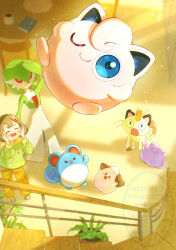  1girl absurdres azumarill black_eyes blue_eyes bob_cut cleffa closed_eyes colored_skin commentary_request ditto dress gardevoir green_hair green_skin hide_and_seek highres indoors jigglypuff meowth multicolored_skin one_eye_closed open_mouth pink_eyes pink_skin piyokonoenikki_04 pokemon pokemon_(creature) purple_skin smile stairs two-tone_skin watermark white_dress white_skin 