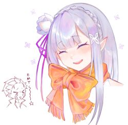  1boy 1girl blush braid closed_eyes commentary_request cropped_torso crown_braid deformed elf emilia_(re:zero) english_text flower grey_hair hair_flower hair_ornament hair_ribbon highres nesigita_rezero open_mouth orange_scarf pointy_ears portrait re:zero_kara_hajimeru_isekai_seikatsu ribbon scarf simple_background smile violet_eyes white_background x_hair_ornament 