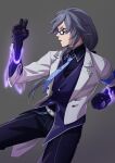  1girl bangs black_gloves black_hair black_pants blue_eyes blue_necktie formal fu_hua fu_hua_(night_squire) gauntlets glasses gloves grey_background highres honkai_(series) honkai_impact_3rd long_hair necktie open_mouth pants polo_shirt ponytail purple_shirt purple_vest shirt simple_background solo vest white_shirt ypj66 