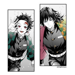  2boys blush checkered_haori chinese_commentary closed_mouth commentary_request demon_slayer_uniform earrings gold_buttons hanafuda_earrings haori highres japanese_clothes jewelry jingkei0522 kamado_tanjirou kikkoumon kimetsu_no_yaiba long_hair male_focus multiple_boys open_mouth partially_colored print_haori red_haori scar scar_on_face scar_on_forehead short_hair smile tomioka_giyuu twitter_username 
