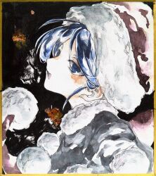  1girl black_background blue_eyes blue_hair doremy_sweet from_side hat ikeda_ruriko looking_to_the_side painting_(medium) photo_(medium) pom_pom_(clothes) santa_hat solo touhou traditional_media 