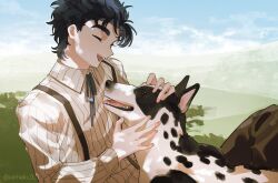  1boy animal black_hair closed_eyes collared_shirt danny_(jojo) day dog highres jojo_no_kimyou_na_bouken jonathan_joestar long_sleeves male_focus neck_ribbon open_mouth outdoors petting phantom_blood ribbon shirt short_hair sitting sky smile solo striped_clothes striped_shirt suspenders uzuki_uzu 