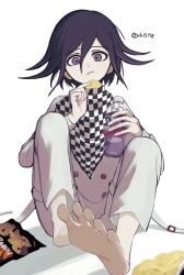  1boy barefoot bottle buttons checkered_clothes checkered_scarf chewing chips_(food) commentary crumbs danganronpa_(series) danganronpa_v3:_killing_harmony eating flipped_hair food foreshortening hair_between_eyes highres holding holding_bottle knees_up long_sleeves looking_at_viewer male_focus oguma_(ogm) oma_kokichi pants purple_hair scarf shadow short_hair simple_background sitting solo thigh_strap toes twitter_username two-tone_scarf violet_eyes white_background white_pants 