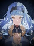  1girl alternate_costume alternate_hairstyle bangs blue_hair breasts brown_eyes closed_mouth dress fire_emblem fire_emblem:_three_houses fire_emblem_warriors:_three_hopes frown hair_ornament highres long_hair long_sleeves looking_at_viewer loooooneutral marianne_von_edmund official_alternate_costume official_alternate_hairstyle own_hands_clasped own_hands_together palms_together praying sad solo upper_body 