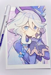  1girl ahoge art_tools_in_frame blue_eyes blue_hair blue_hat blue_jacket commentary_request furina_(genshin_impact) genshin_impact gloves hair_between_eyes hat heterochromia highres jacket long_hair long_sleeves looking_at_viewer multicolored_hair nasuke own_hands_clasped own_hands_together puckered_lips solo streaked_hair symbol-shaped_pupils top_hat traditional_media upper_body white_hair 