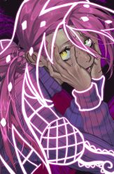  1boy fingernails freckles green_eyes hands_on_own_face heterochromia highres jojo_no_kimyou_na_bouken long_hair long_sleeves lower_teeth_only male_focus open_mouth parted_hair purple_hair purple_shirt rr9pt76u5phwgqx shirt solo teeth turtleneck vento_aureo vinegar_doppio yellow_eyes 