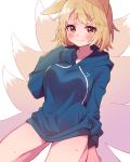 1girl animal_ears bangs blonde_hair blush breasts closed_mouth collarbone commentary_request fang fang_out fox_ears fox_tail hand_on_own_chest hood hoodie kitsune large_breasts long_sleeves looking_at_viewer multiple_tails solo sweat sweatdrop tail thick_eyebrows thighs touhou touya_(konpekitou) white_background yakumo_ran yellow_eyes 