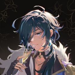  1boy antenna_hair black_gloves blue_hair champagne_flute commentary_request cup dark-skinned_male dark_skin drinking drinking_glass earrings eyepatch fingerless_gloves fur_scarf genshin_impact gloves hair_over_shoulder highres jewelry kaeya_(genshin_impact) long_hair low_ponytail male_focus mochuuuuuuu one_eye_covered ponytail single_earring 