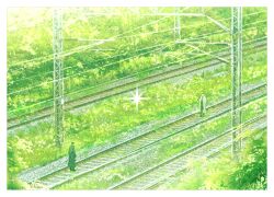  2boys bellta_(kimbellta) black_coat black_hair border coat commentary day faceless facing_another from_above full_body green_theme highres kim_dokja male_focus multiple_boys omniscient_reader's_viewpoint open_clothes open_coat outdoors popped_collar power_lines railroad_tracks short_hair standing symbol-only_commentary white_border white_coat wide_shot yoo_joonghyuk 