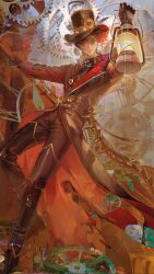  1boy absurdres analog_clock ayn_alwyn ayn_alwyn_(mist_city) belt belt_buckle black_belt black_coat black_gloves black_hair black_hat black_pants black_shoes buckle burnt_clothes chinese_commentary claw_ring clock clock_hands closed_mouth coat colored_lapels day earrings expressionless full_body gaiters gear_hat_ornament gears gloves hair_between_eyes hand_on_railing hand_up hat hat_ornament high_collar highres holding holding_lantern infinity_symbol jewelry kerosene_lamp lantern lapels leaning_back leg_belt long_sleeves looking_at_viewer looking_to_the_side lovebrush_chronicles male_focus notched_lapels pants red_coat red_eyes sbgpand shoes short_hair solo standing standing_on_one_leg steampunk stud_earrings top_hat torn_clothes torn_coat two-sided_coat two-sided_fabric two-sided_headwear 