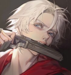  1boy black_background blue_eyes chinese_commentary colored_eyelashes commentary_request devil_may_cry_(series) devil_may_cry_4 eyelashes gun gun_in_mouth hair_between_eyes highres holding holding_gun holding_weapon lin09 male_focus nero_(devil_may_cry) portrait red_shirt shirt short_hair simple_background solo weapon white_hair 