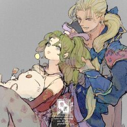  1boy 1girl armor bare_shoulders blue_armor blue_eyes blue_ribbon creature detached_sleeves dress earrings edgar_roni_figaro final_fantasy final_fantasy_vi green_hair grey_background hair_over_shoulder hair_ribbon hand_in_another's_hair hetero jewelry long_hair moogle multi-tied_hair pantyhose parted_bangs print_pantyhose purple_ribbon red_dress red_sleeves ribbon smile terra_branford zerou_pan 