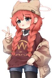  1girl animal_ear_headwear beanie black_pantyhose black_sweater blue_archive blue_eyes blue_shorts blush braid braided_twintails brown_coat brown_hat chinese_commentary clothes_grab coat collared_shirt commentary_request cowboy_shot hair_between_eyes hair_over_shoulder halo hand_up hat highres long_hair long_sleeves looking_at_viewer maki_(blue_archive) maki_(camp)_(blue_archive) making-of_available off_shoulder official_alternate_costume official_alternate_hairstyle open_clothes open_coat pantyhose pantyhose_under_shorts pocket puffy_long_sleeves puffy_sleeves red_hair red_halo red_sweater shirt short_shorts shorts sidelocks simple_background solo sweater tongue tongue_out twin_braids v wangcorai white_background white_shirt 