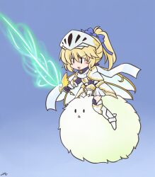  1girl 216 alternate_costume alternate_hair_color armor armored_boots blonde_hair blue_background blue_bow boots bow breastplate commentary_request daiyousei fairy fairy_wings faulds gauntlets gold_trim gradient_background hair_bow holding holding_sword holding_weapon kedama_(touhou) long_hair multiple_wings open_mouth ornate_armor riding scarf shoulder_armor signature smile sword thigh_boots touhou touhou_lostword visor_(armor) weapon white_armor white_scarf wings 