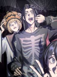  1girl 2boys aminogoose77 armin_arlert black_hair blonde_hair blue_eyes blunt_bangs demon_costume eren_yeager facial_mark fake_horns finger_in_own_mouth green_eyes grey_eyes hair_between_eyes hairband halloween_costume hand_on_own_hip highres horn_hairband horns jack-o'-lantern jack-o'-lantern_hat medium_hair mikasa_ackerman multiple_boys open_mouth parted_bangs shingeki_no_kyojin short_hair sign silk skeleton_costume spider_web tongue tongue_out v 