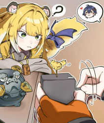  2girls ? absurdres animal_ears belle_(zenless_zone_zero) bossjob3 green_eyes highres ju_fufu multiple_girls ribbon sitting tail tiger_girl tiger_tail zenless_zone_zero 