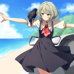  1girl air_(visual_novel) animal animal_on_arm bird black_dress blue_eyes blue_sky blush clouds commentary_request cosplay day dress green_eyes green_hair heterochromia highres horizon idolmaster idolmaster_cinderella_girls kamio_misuzu kamio_misuzu_(cosplay) mole mole_under_eye ocean outdoors outstretched_arms parted_lips puffy_short_sleeves puffy_sleeves revision school_uniform shirt short_sleeves sky sleeveless sleeveless_dress solo spread_arms takagaki_kaede uccow water white_shirt 