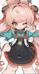  1girl ahoge animal_ear_fluff animal_ear_piercing animal_ears blush braid braided_twintails bright_pupils commentary_request cowboy_shot furry furry_female green_shirt hair_intakes hand_on_own_hip hand_up highres long_hair looking_at_viewer notice_lines one_eye_closed pink_fur pink_hair rabbit_ears rabbit_girl red_eyes screw shirt short_eyebrows simple_background solo thick_eyebrows tongue tongue_out unya282 v white_background white_pupils zenless_zone_zero zhao_(zenless_zone_zero) 