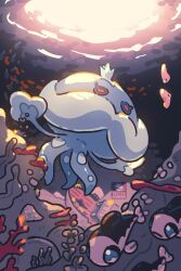 boat commentary coral crown english_commentary fish highres jellicent jellicent_(male) jellyfish luvdisc no_humans petite_echorizon pokemon pokemon_(creature) seaweed swimming underwater water watercraft wishiwashi wishiwashi_(solo) 