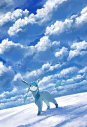 blue_eyes closed_mouth clouds cloudy_sky day dutch_angle glaceon highres kuchiba_(jret2454) looking_at_viewer looking_up no_humans outdoors pokemon pokemon_(creature) pokemon_focus sky smile snow solo standing wide_shot winter 