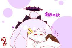  :i ahoge blue_archive blush closed_eyes closed_mouth commentary_request curry curry_rice eating food food_on_face hair_ornament hairclip halo hina_(blue_archive) holding holding_spoon horns kurukurumagical long_hair motion_lines plate rice rice_on_face solo spoon translation_request very_long_hair wavy_mouth white_background 