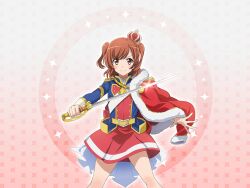  1girl aijou_karen blue_jacket brown_eyes brown_hair closed_mouth crown game_cg holding holding_sword holding_weapon jacket long_sleeves looking_at_viewer mini_crown official_art red_jacket red_skirt sash short_hair shoujo_kageki_revue_starlight shoujo_kageki_revue_starlight_-re_live- skirt smile solo standing sword two_side_up upper_body v-shaped_eyebrows weapon white_sash 