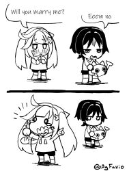  1boy 1girl aged_down agfavio arms_up blunt_ends blush casual circle_hands collared_shirt commentary confession contemporary cowlick crying crying_with_eyes_open drawstring embarrassed english_commentary faruzan_(genshin_impact) flailing genshin_impact greyscale hair_ornament hetero highres holding holding_watering_can jitome long_hair long_sleeves looking_down looking_to_the_side monochrome notice_lines official_alternate_costume pointing pointing_at_another rejection scaramouche_(genshin_impact) sequential shirt shorts sidelocks smock socks tears triangle_mouth twintails twitter_username watering_can wispy_bangs x_hair_ornament 