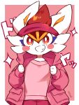  1other animal_ears animal_hands animal_nose artist_name blush blush_stickers body_fur border bright_pupils cinderace clothed_pokemon commentary_request furry grin hands_up happy headband highres hood hood_down hooded_jacket jacket long_sleeves looking_at_viewer minamo_(pixiv17726065) open_clothes open_jacket other_focus outside_border pants partial_commentary pink_background pink_jacket pink_pants pink_shirt pink_theme pocket pokemon pokemon_(creature) rabbit_ears red_eyes red_headband redhead shirt short_hair sideways_mouth signature simple_background smile solo sparkle standing teeth translation_request upper_body white_border white_fur white_pupils wide-eyed 