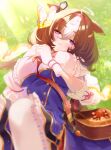  1girl ahoge animal_ears artist_name bag bangs between_breasts blue_skirt blurry breasts brown_hair bug butterfly closed_mouth depth_of_field gloves grass half-closed_eyes high-waist_skirt highres horse_ears large_breasts long_sleeves looking_at_viewer lying medium_hair meisho_doto_(umamusume) multicolored_hair on_back outdoors satchel shoulder_bag skirt smile solo strap_between_breasts sunlight two-tone_hair umamusume violet_eyes white_gloves white_hair yutsuka_(amyucca) 