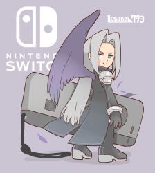  1boy aqua_eyes armor artist_name bangle black_boots black_coat black_feathers black_gloves black_wings boots bracelet chibi chibi_only closed_mouth coat controller falling_feathers feathers final_fantasy final_fantasy_vii game_controller gloves grey_background grey_hair highres jewelry joy-con lesuna long_coat long_hair looking_at_viewer male_focus nintendo_switch parted_bangs pauldrons sephiroth shoulder_armor single_wing smile solo standing wings 