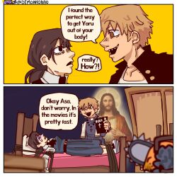  1boy 1girl bible_(object) black_hair book chainsaw_man christianity collared_shirt cross cross_necklace death_devil_(chainsaw_man) demonhonho denji_(chainsaw_man) dress fourth_east_high_school_uniform hair_between_eyes highres holding holding_book jewelry long_hair mitaka_asa neck_ribbon necklace pochita_(chainsaw_man) priest ribbon school_uniform shirt shirt_tucked_in sleeveless sleeveless_dress twintails white_shirt 