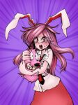  1girl animal_ears bangs clenched_teeth collared_shirt commentary_request courage_(character) courage_the_cowardly_dog cowboy_shot crossover crying crying_with_eyes_open dog eyes_visible_through_hair highres long_hair looking_at_viewer morph426 necktie open_mouth pink_hair purple_background rabbit_ears rabbit_girl red_eyes red_necktie red_skirt reisen_udongein_inaba shirt short_sleeves skirt tears teeth touhou very_long_hair white_shirt 