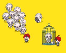  >_< 6+boys :i :o ahoge aotsuki_eito bag black_bag black_gloves black_streaks blue_eyes blue_jacket cage chasing chibi chibi_only closed_eyes commentary_request fleeing glasses gloves grey_hair grey_jacket highres holding holding_bag hood hoodie in_cage jacket jacket_over_hoodie male_focus multicolored_hair multicolored_jacket multiple_boys multiple_persona red_hair short_hair smile solid_eyes streaked_hair sumino_takumi sunglasses sweatdrop the_hundred_line_-last_defense_academy- too_many triangle_mouth two-tone_jacket violet_eyes vivi0114siro white_hoodie white_jacket yellow_background 