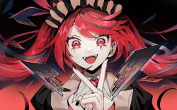  1girl anti-joker_(vocaloid) black_nails broken card commentary_request facial_mark grey_hair hatsune_miku heart highres long_hair maid_headdress mole mole_under_eye multicolored_hair open_mouth playing_card portrait red_eyes red_hair revision smile solo soyaka streaked_hair textless_version twintails two-tone_hair vocaloid 